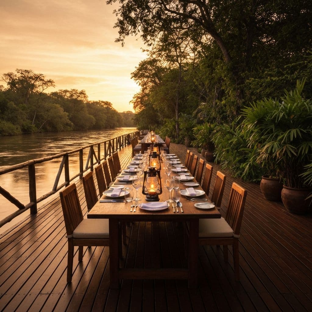 Riverside restaurant at sunset